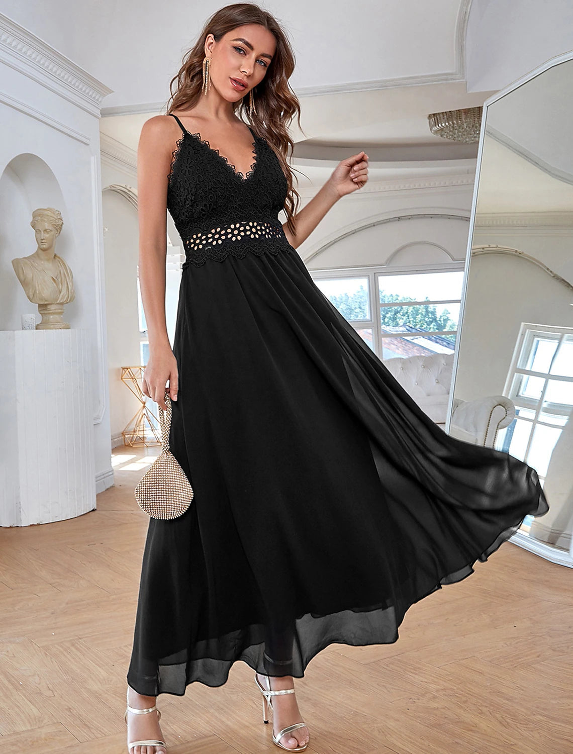 Luolandi A-Line Elegant Vintage Party Wear Formal Evening Dress V Neck Sleeveless Ankle Length Chiffon with Sequin Pure Color